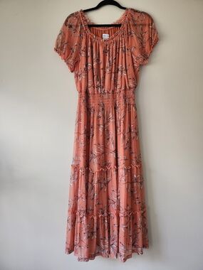 Womenβs Coral Floral Maxi Dress with Smocked Waist